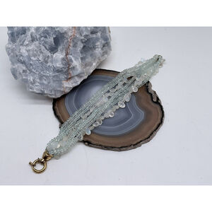 Seafoam Green & Clear Crystal Beaded Multi Strand 9” Bracelet